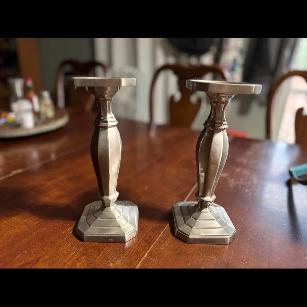 Source Unknown Silver Geometric Candle Holders